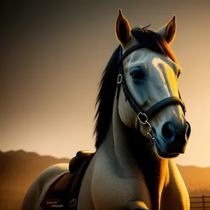 Thoroughbred Stallion's Majestic Mane Grazing in Field.