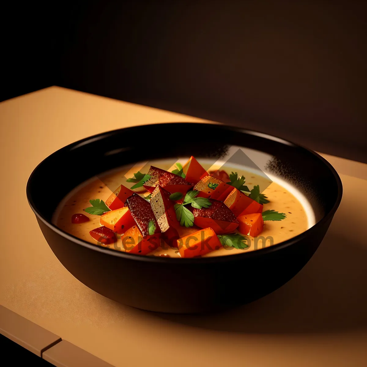 Picture of Delicious Tomato Soup with Fresh Vegetables and Grilled Meat