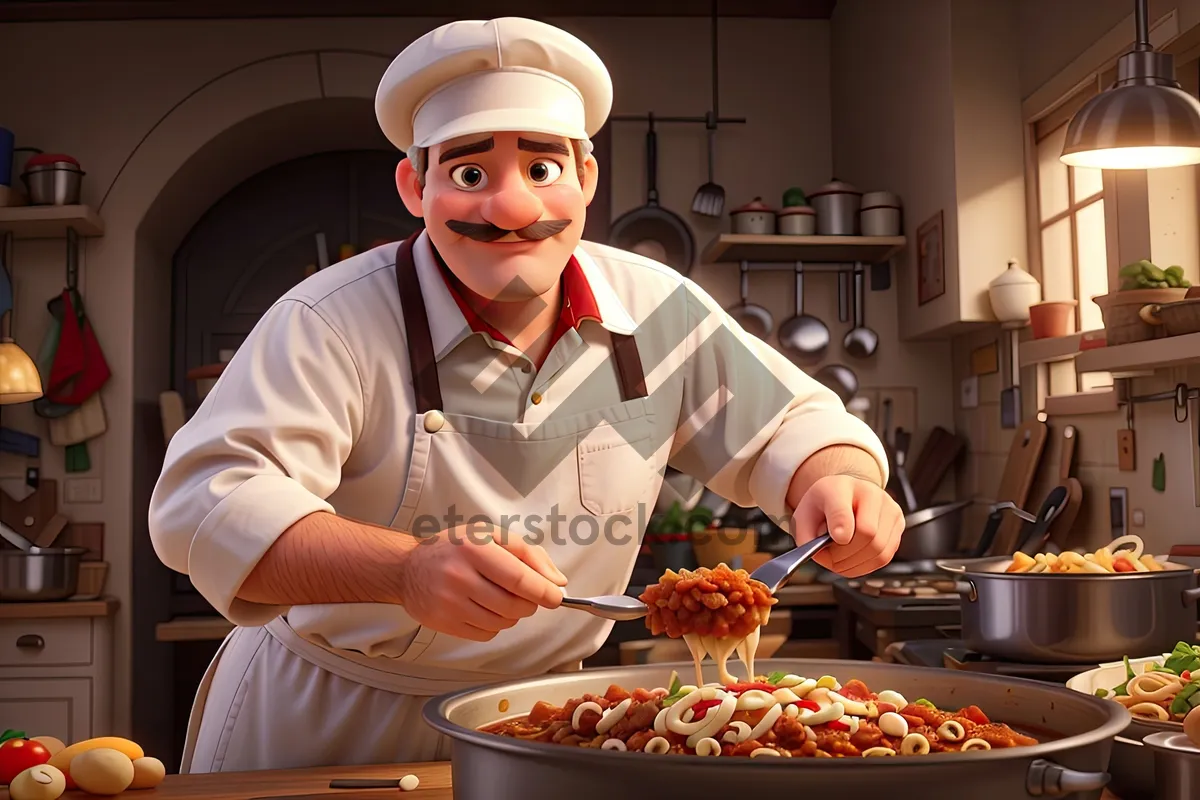 Picture of Happy waiter serving meal in restaurant kitchen.