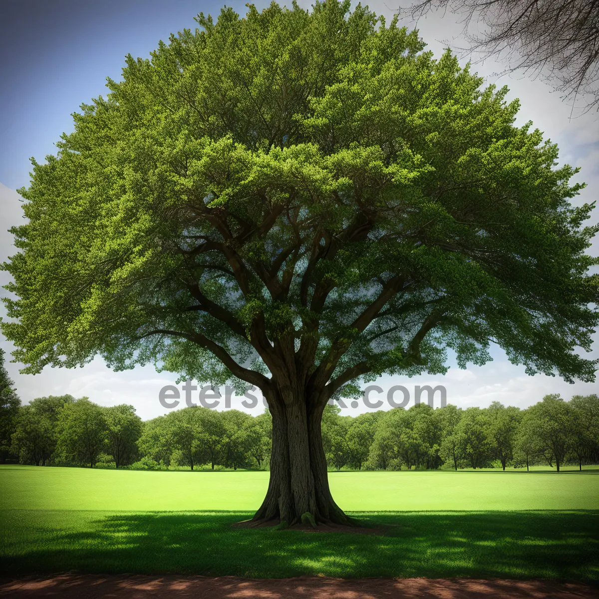 Picture of Serene Summer Scene: Majestic Trees and Sunny Sky in a Peaceful Park