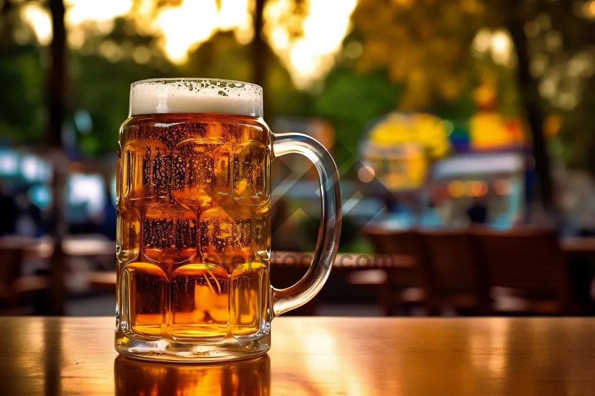 Picture of Golden beer glass with frothy bubbles at restaurant party.