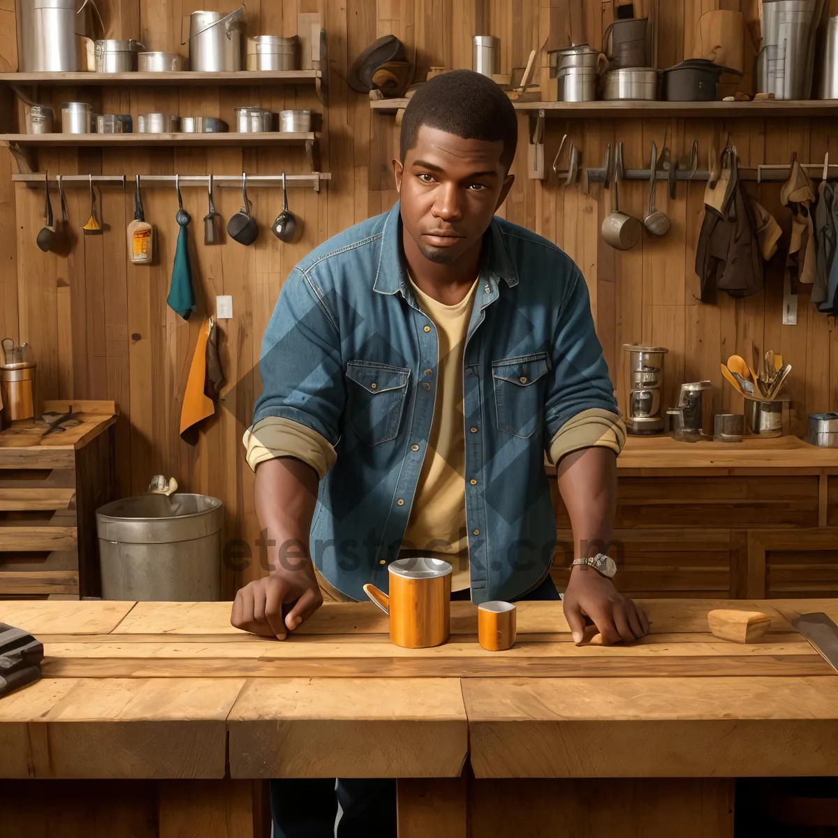 Picture of Smiling Male Carpenter with Marimba Musical Instrument in Kitchen