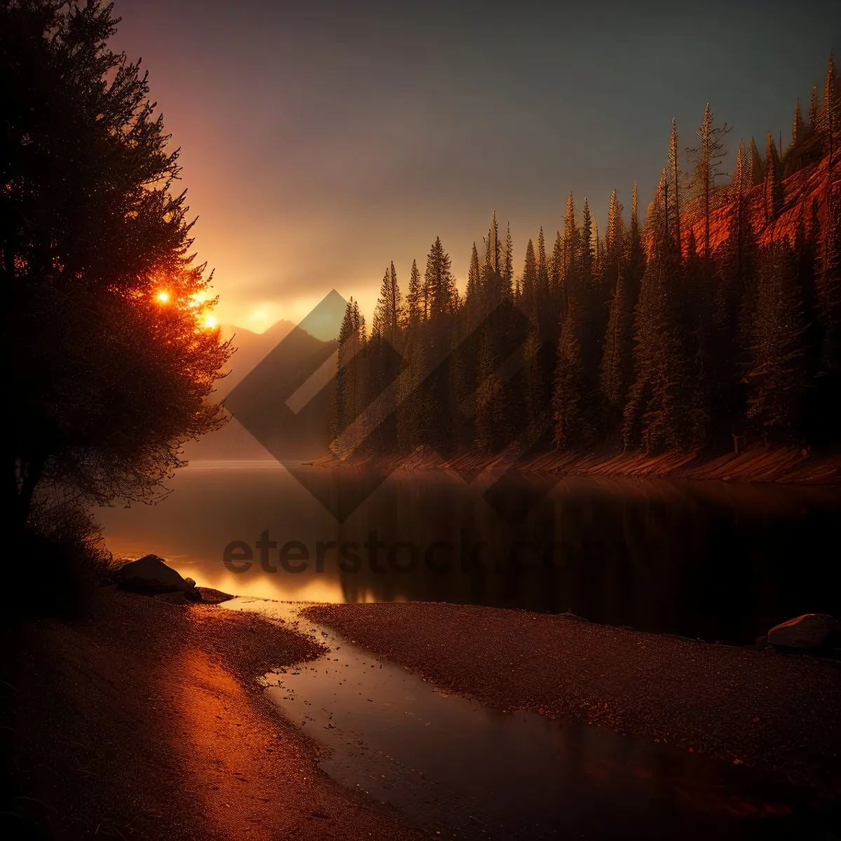 Picture of Sunset Over Serene Lake: Majestic Forest Reflection
