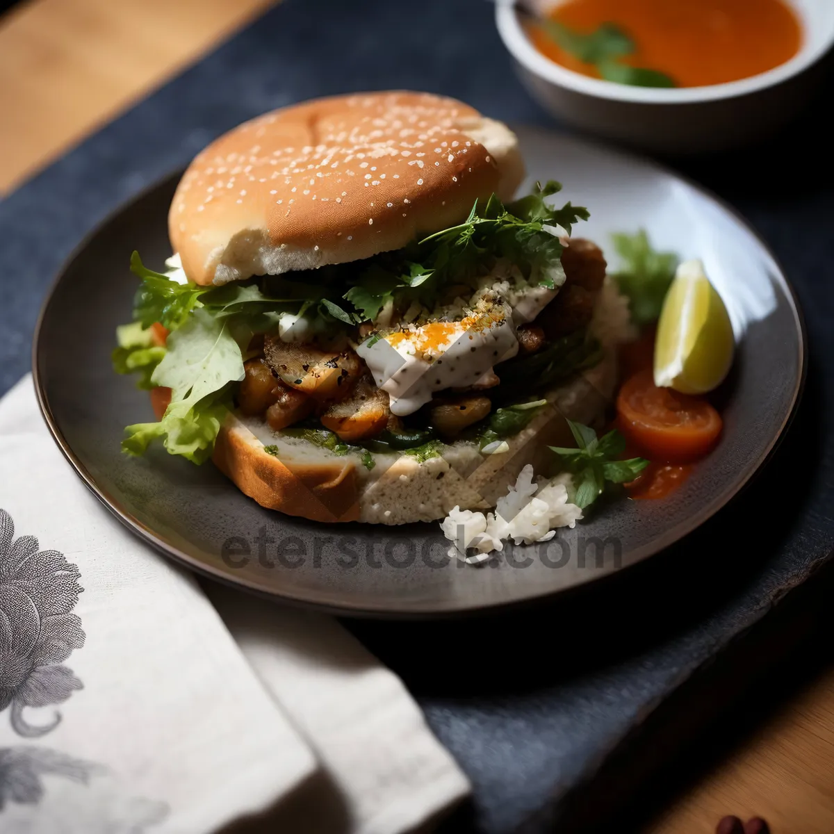 Picture of Delicious Gourmet Cheeseburger with Grilled Vegetables