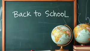 School classroom with globe, blackboard, and students.