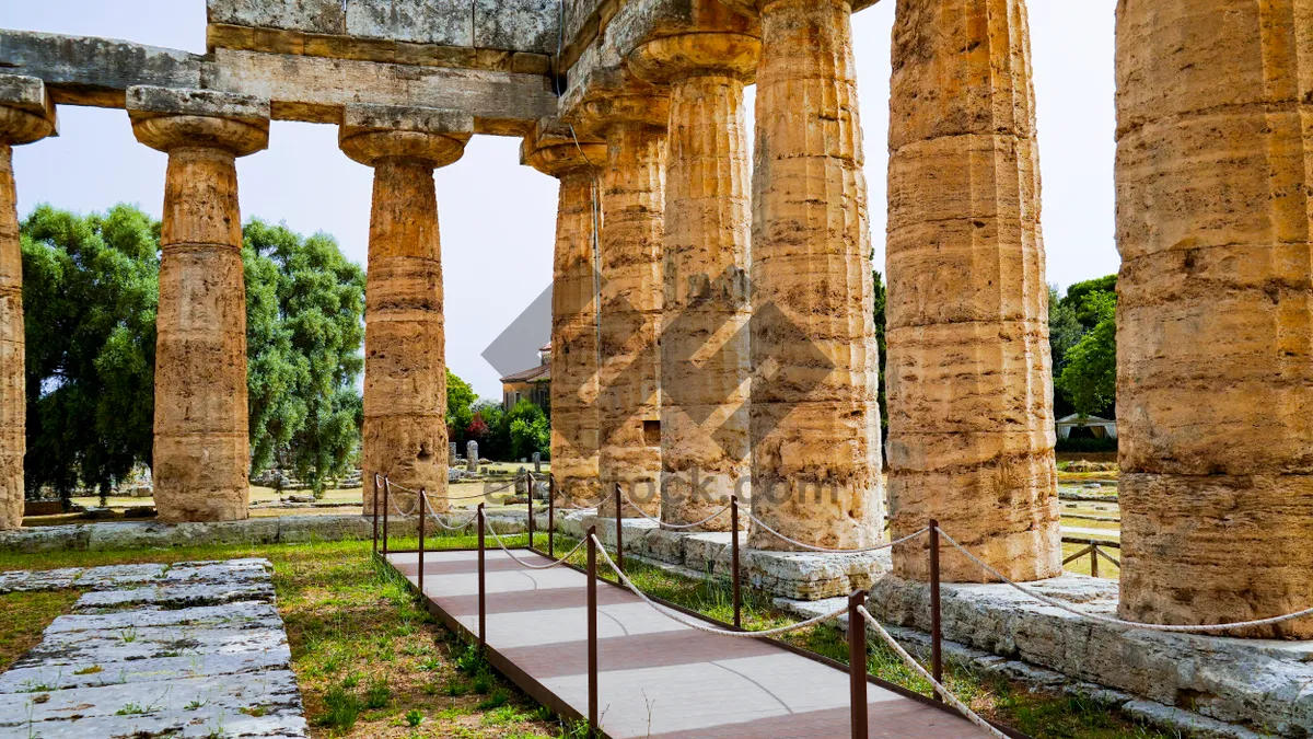 Picture of Ancient Roman Temple Ruins in Historical City Landmark.