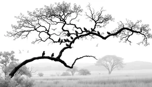 Silhouette of oak tree against sky in savanna landscape.