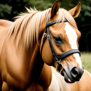 Thoroughbred stallion in bridle and halter