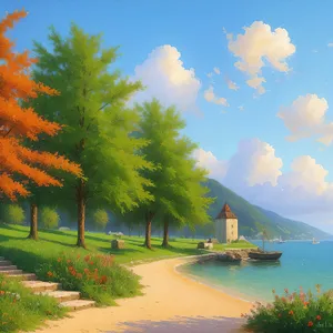 Tropical beach vacation paradise with palm trees and sun.