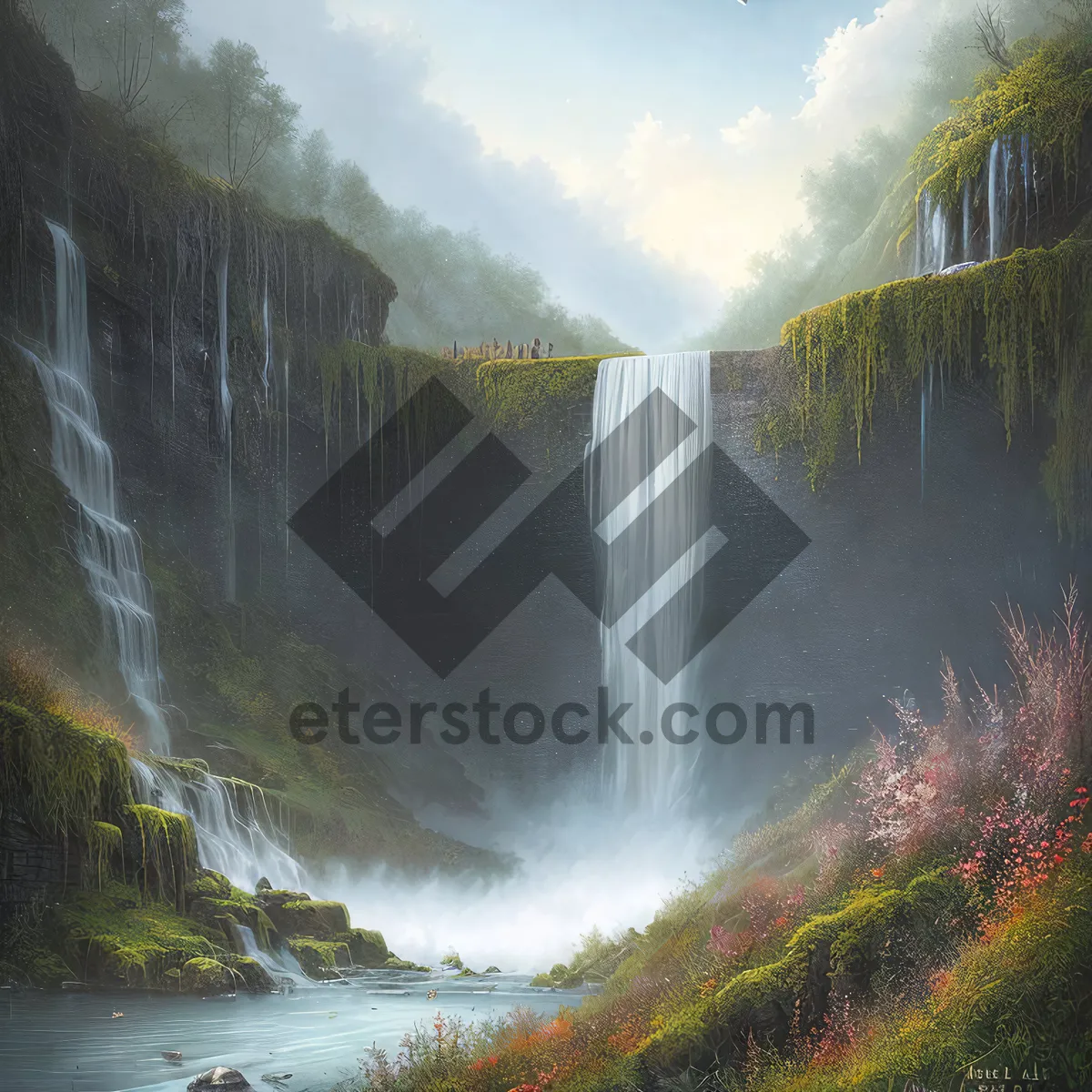 Picture of Wild Cascade Flowing through Serene Forest Landscape