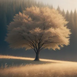 Winter Wonderland: Snow-covered Field with Majestic Trees and a Vibrant Sunset