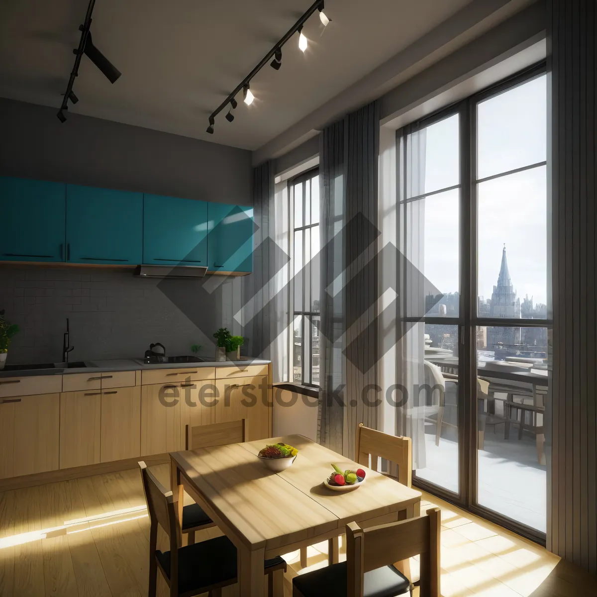 Picture of Modern luxury kitchen interior with wood furniture and lamp