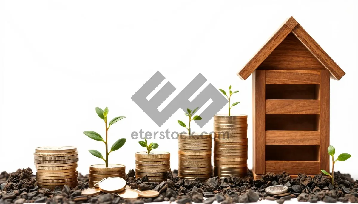 Picture of Wooden pot with green plant and money coins