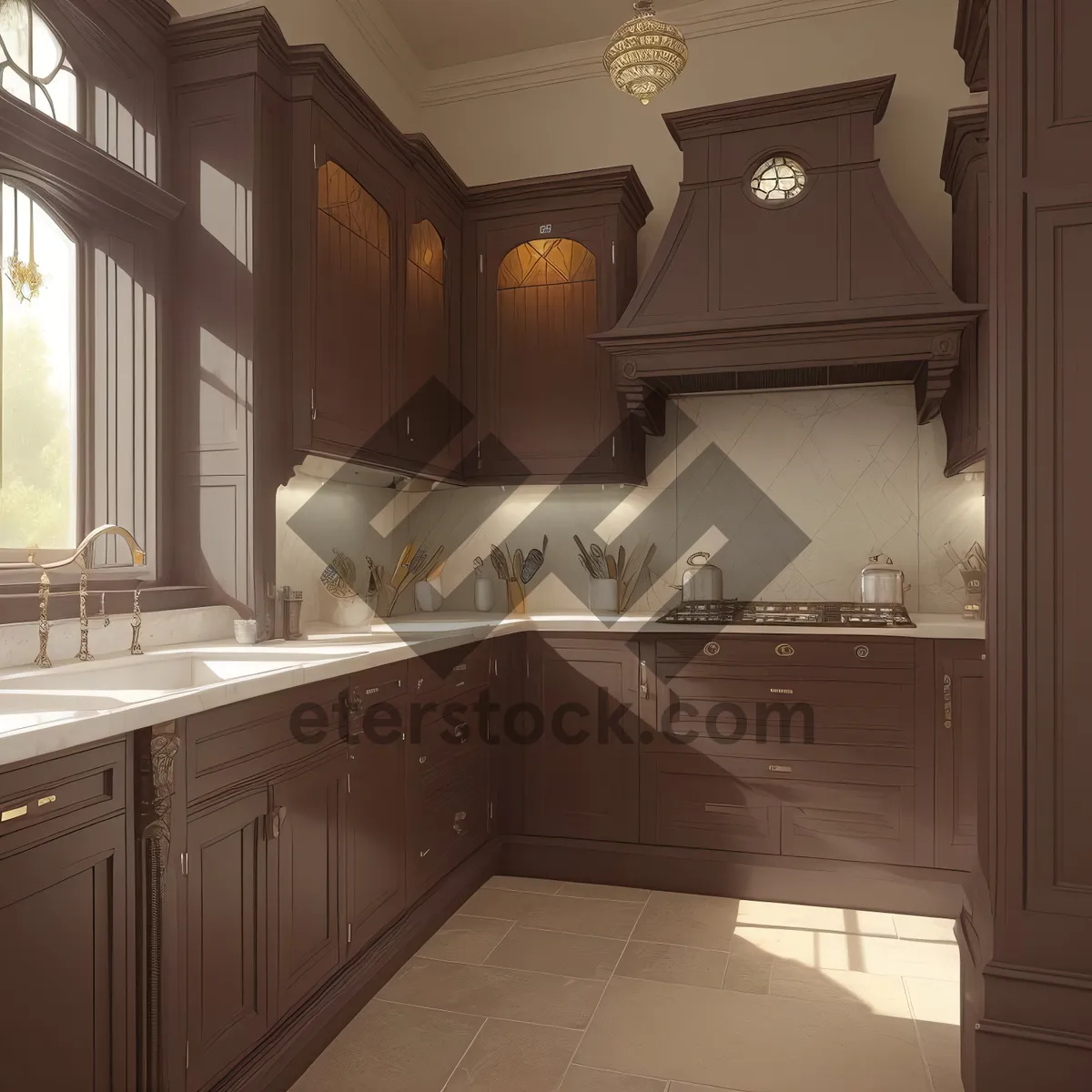 Picture of Modern kitchen interior with luxury wood accents