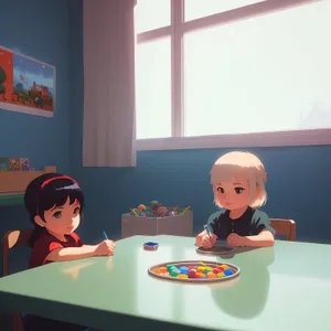 Joyful group of children playing pool in a classroom