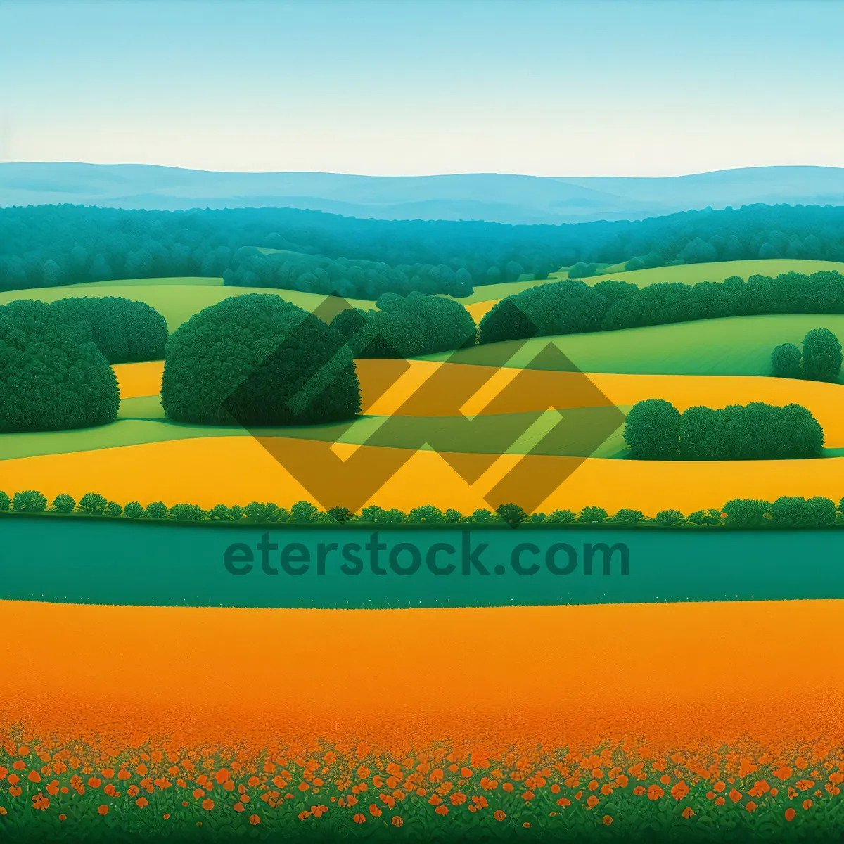 Picture of Countryside Landscape - Summer Fields Under Clear Sky.