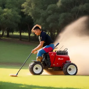 Golfer mowing grass on golf course