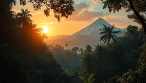 Tropical sunset over palm tree lined beach landscape