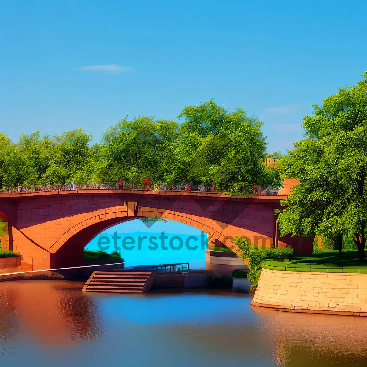 Picture of Cityscape Reflection: Steel Arch Bridge Over River