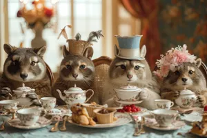 Table setting with tea cup, flowers in porcelain container