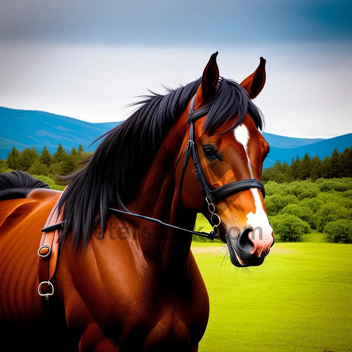 Picture of Beautiful Chestnut Stallion Grazing in Rural Field