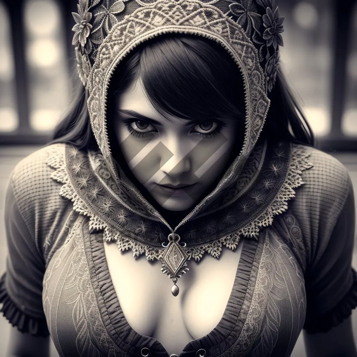 Picture of Attractive Brunette Model Posing in Chain Mail Armor