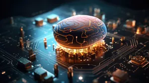 Sci-fi concept. The central computer processor in the form of an artificial brain microchip as the main element of the artificial intelligence system is installed on the motherboard of the supercomputer