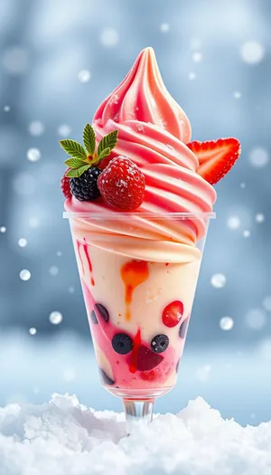 Fresh Berry Ice Cream Cone with Yogurt Drizzle