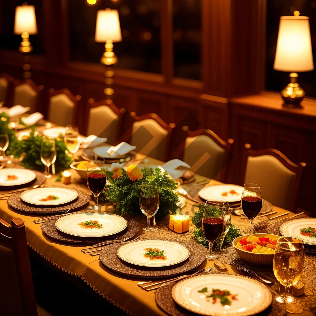 Picture of Luxurious dining table setup with exquisite meal.