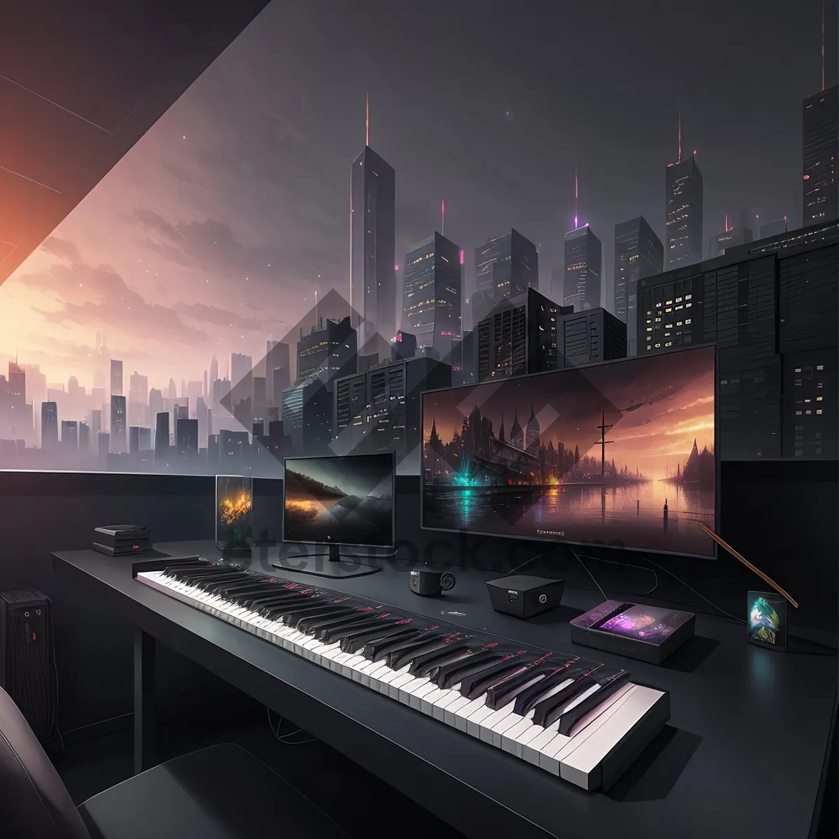 Picture of City Nightscape with Electronic Synthesizer