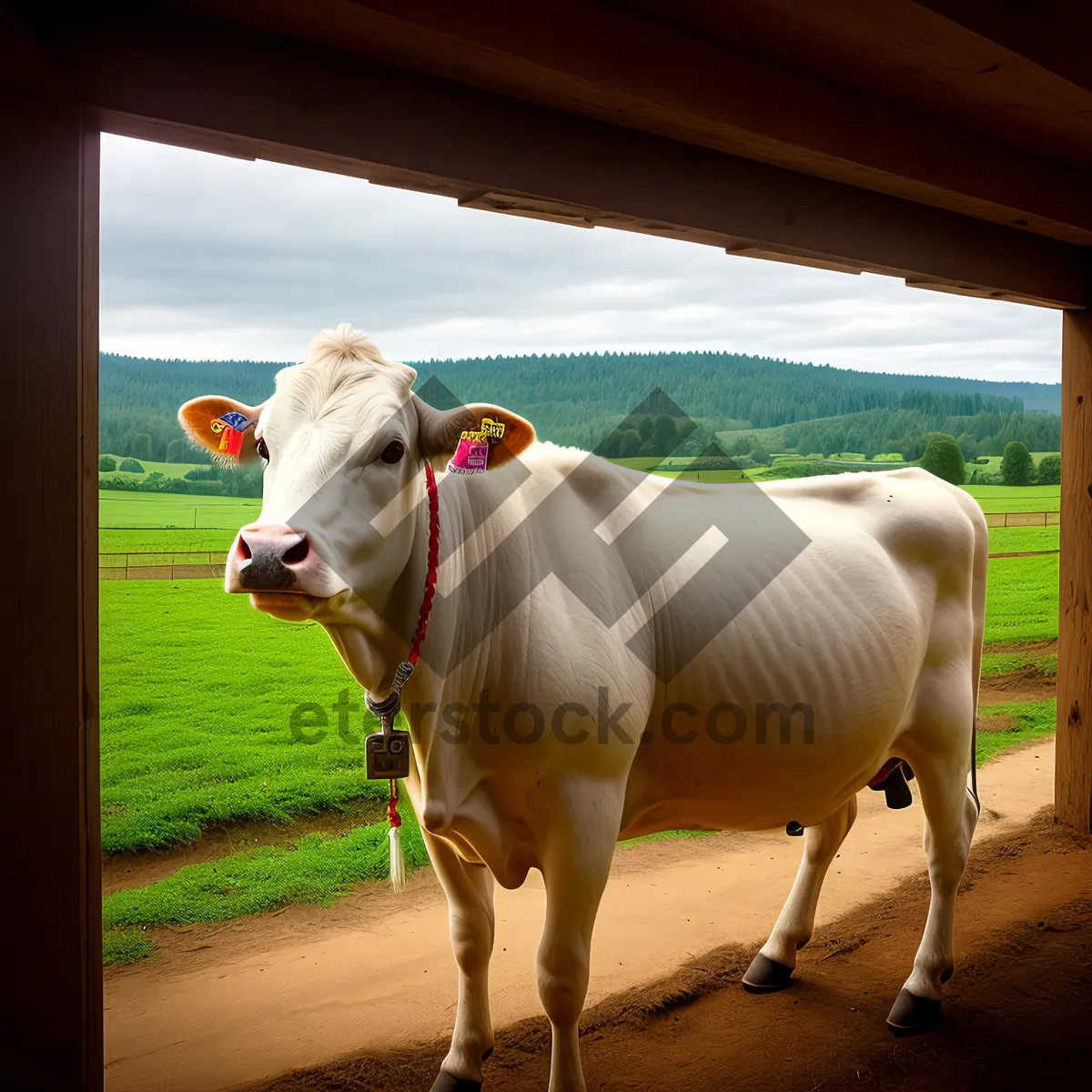 Picture of Brown Cow Grazing in Countryside Field