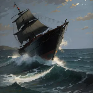 Sunset sailboat on abandoned shipwreck coastline