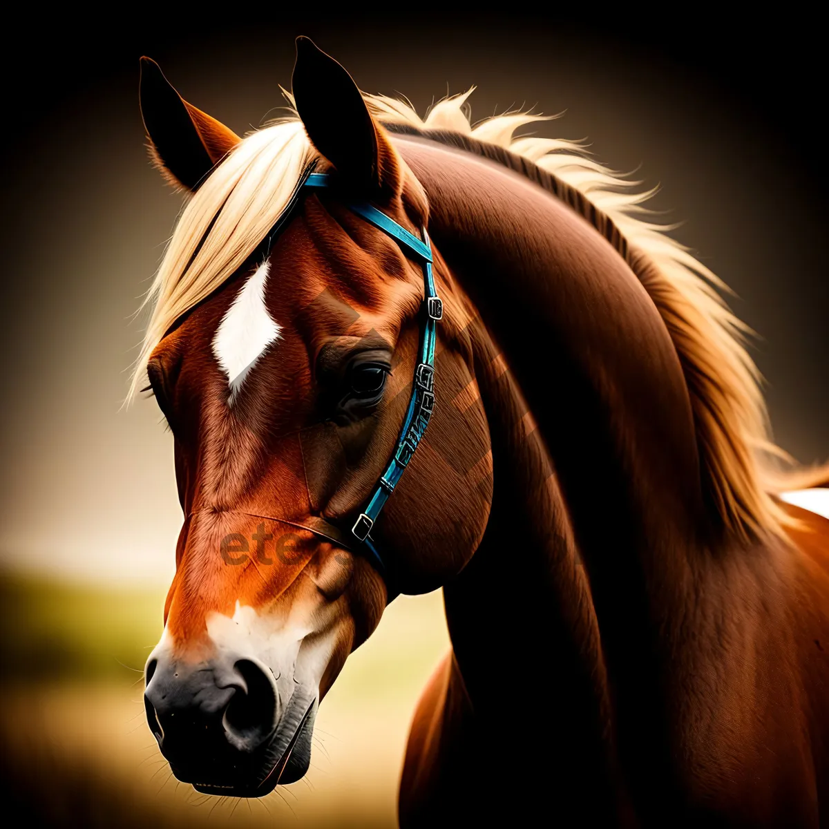 Picture of Majestic chestnut stallion grazing in rural meadow