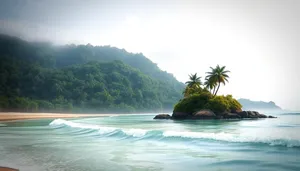 Idyllic tropical beach with palm trees and clear sea.