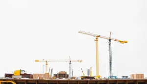 Industrial Tower Crane in Urban City Skyline.