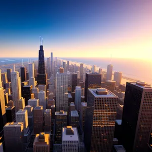 Cityscape at Sunset: Urban Skyline with Skyscrapers and River