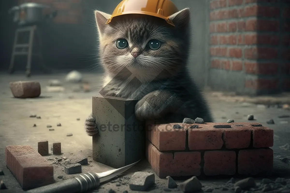 Picture of Adorable Gray Kitten Peeking Out of Carton Box