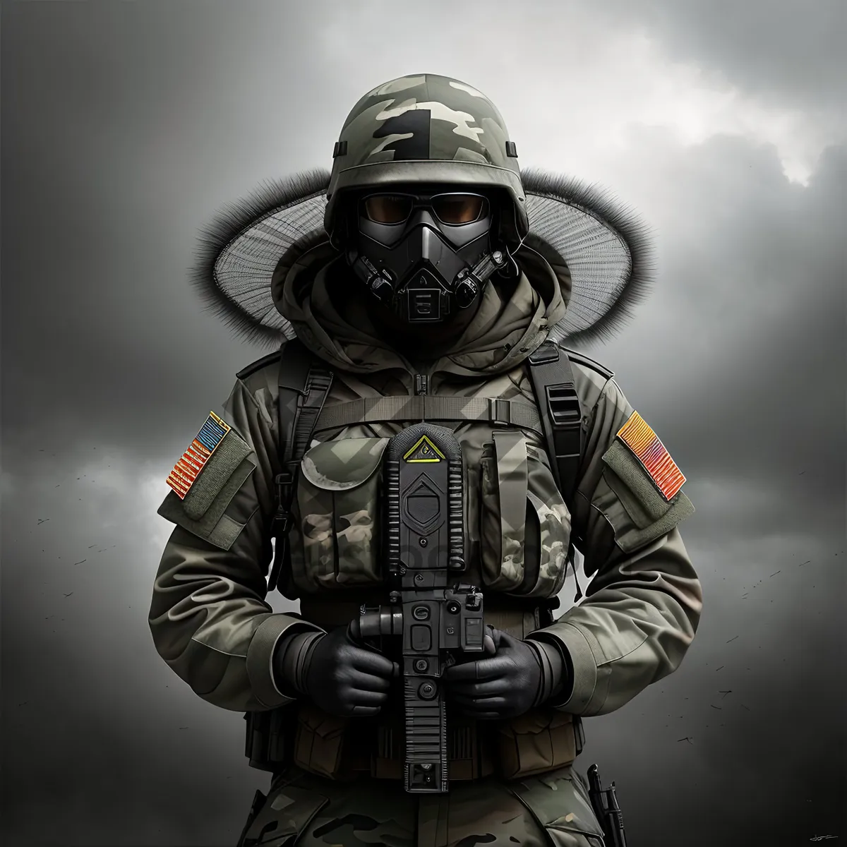 Picture of Warrior in Protective Gas Mask with Gun