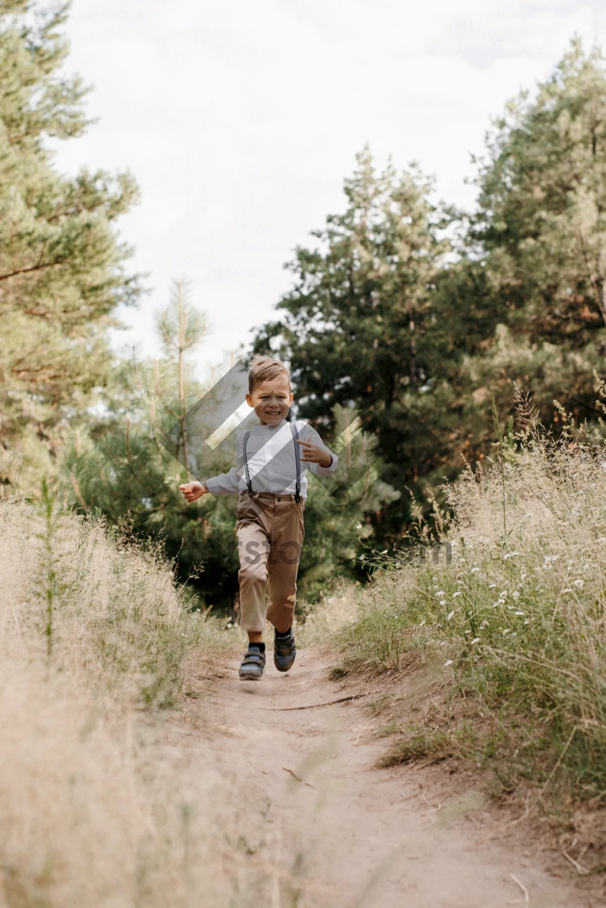 Picture of Active man and boy walking in forest park.