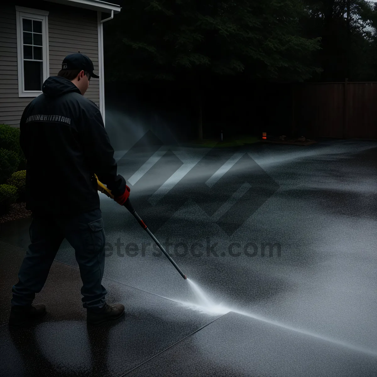 Picture of Male golfer using device with leash for cleaning