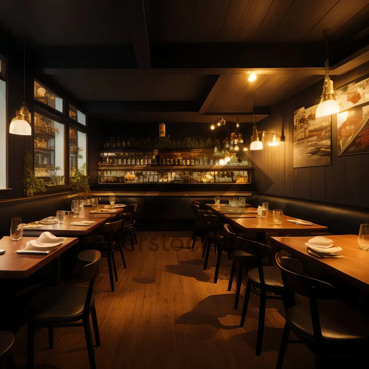 Picture of Modern restaurant interior with wooden furniture and luxury decor.