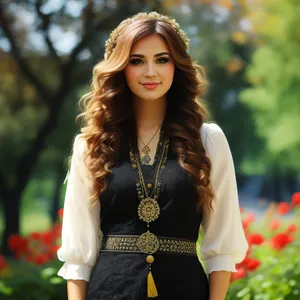 Smiling brunette model in casual summer attire outdoors