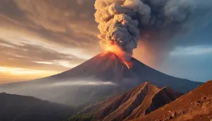 Erupting volcano against fiery sky in mountain landscape.