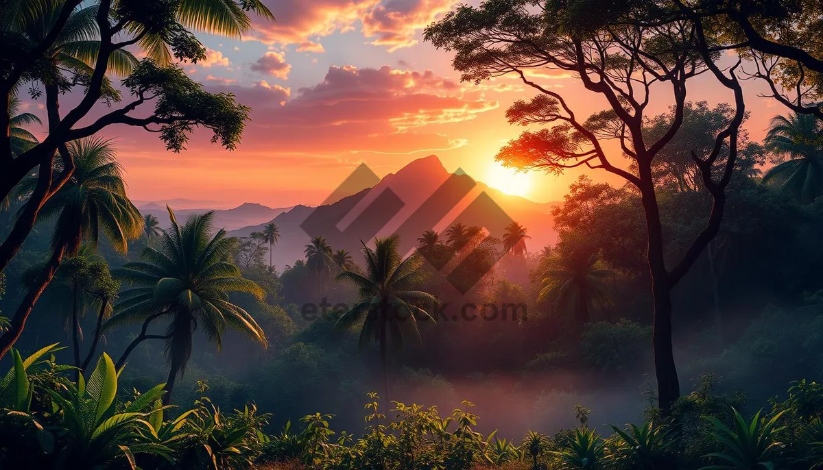 Picture of Tropical sunset beach paradise with palm trees silhouette