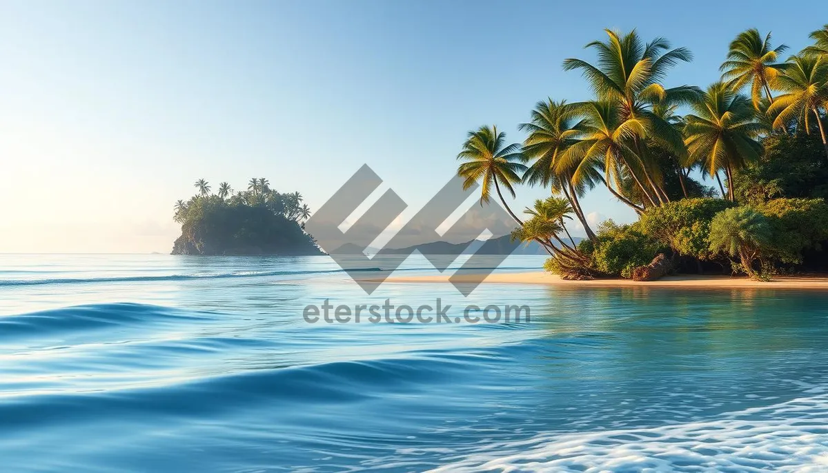 Picture of Tropical Beach Paradise with Palm Trees and Ocean Wave