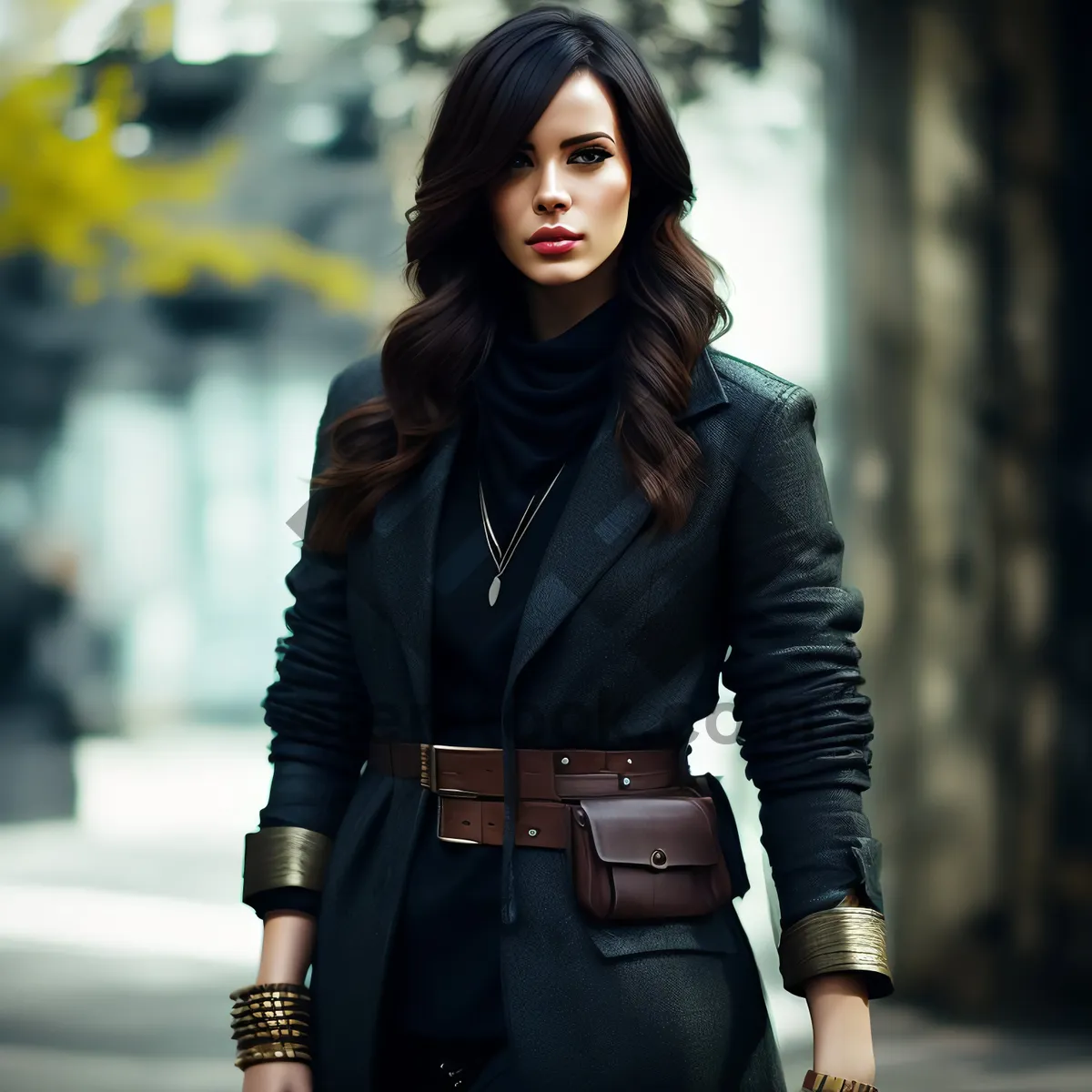 Picture of Stylish brunette student with a leather coat, smiling