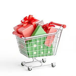 3D shopping cart with metal wheel in empty supermarket