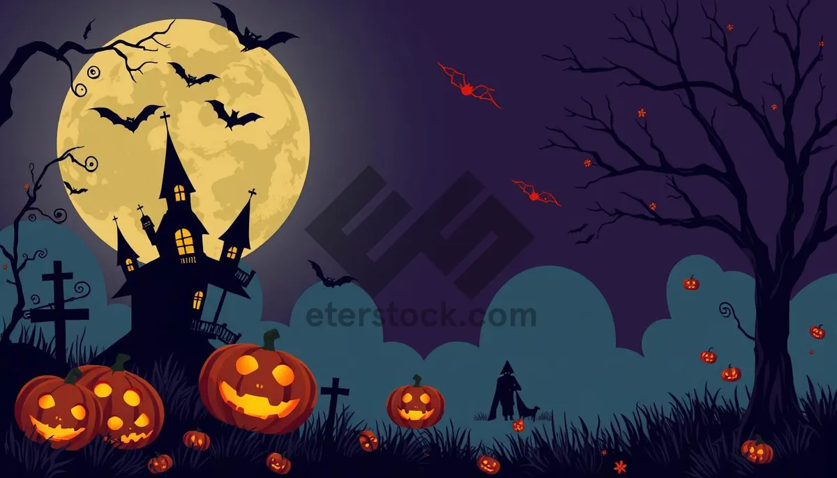 Picture of Halloween Night Silhouette Moon Tree Cemetery Drawing