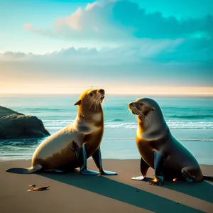 Seal basking on sandy beach under sunny sky