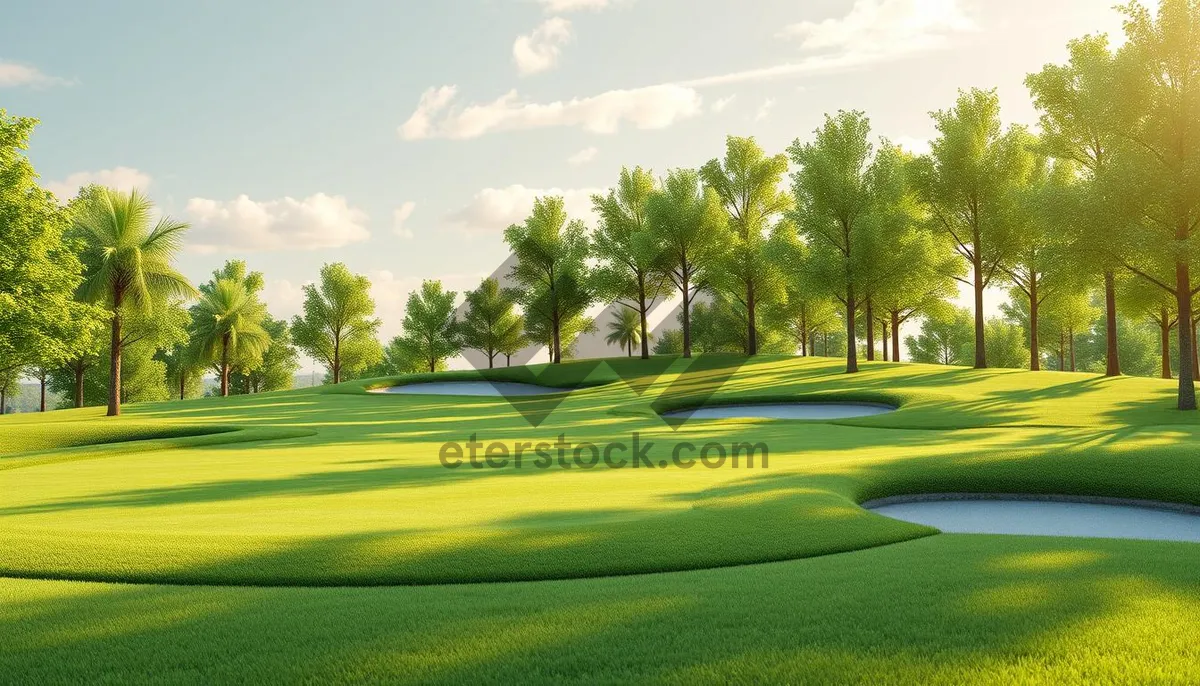 Picture of Scenic Golf Course Flag Pole Against Blue Sky